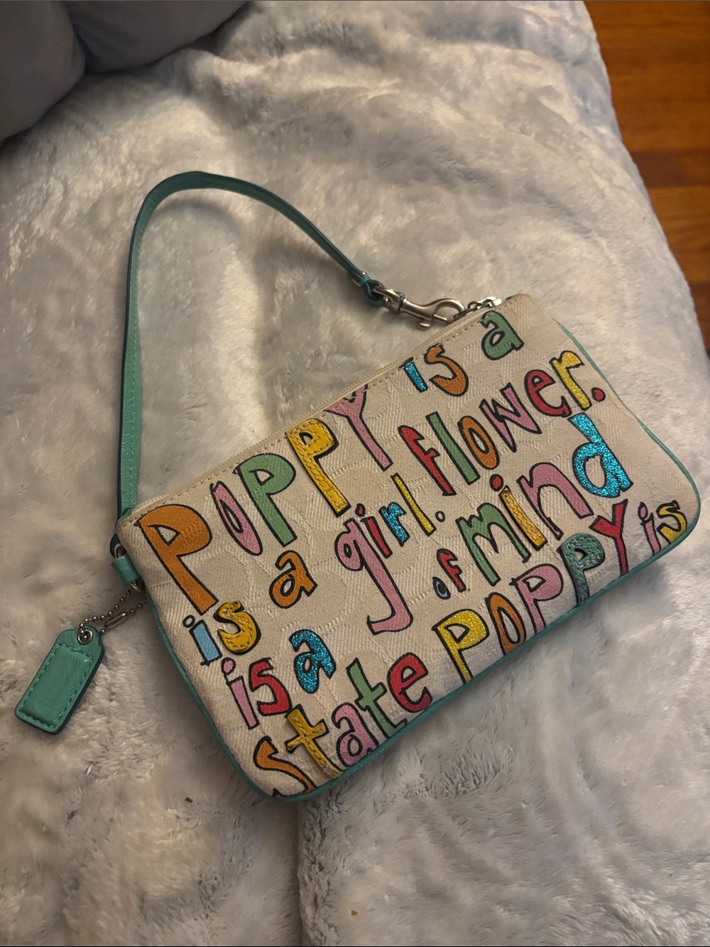 Coach Multicolor Poppy Graphic Wristlet with Mint Strap